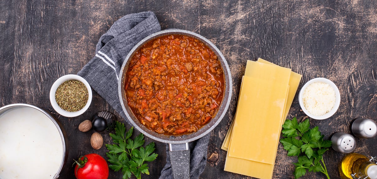 Ingredients for cooking lasagna Bolognese